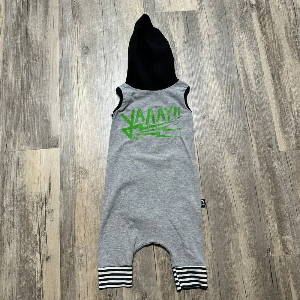 RAGS Gray Black One-Piece Romper 18-24 MO. Sleeveless Hooded Cotton Lycra